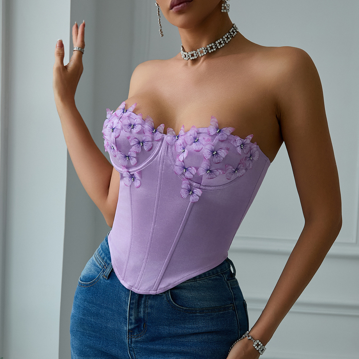 Daily Casual Slim Fit Outdoor Streetwear All Match Satin Butterfly Top Corset